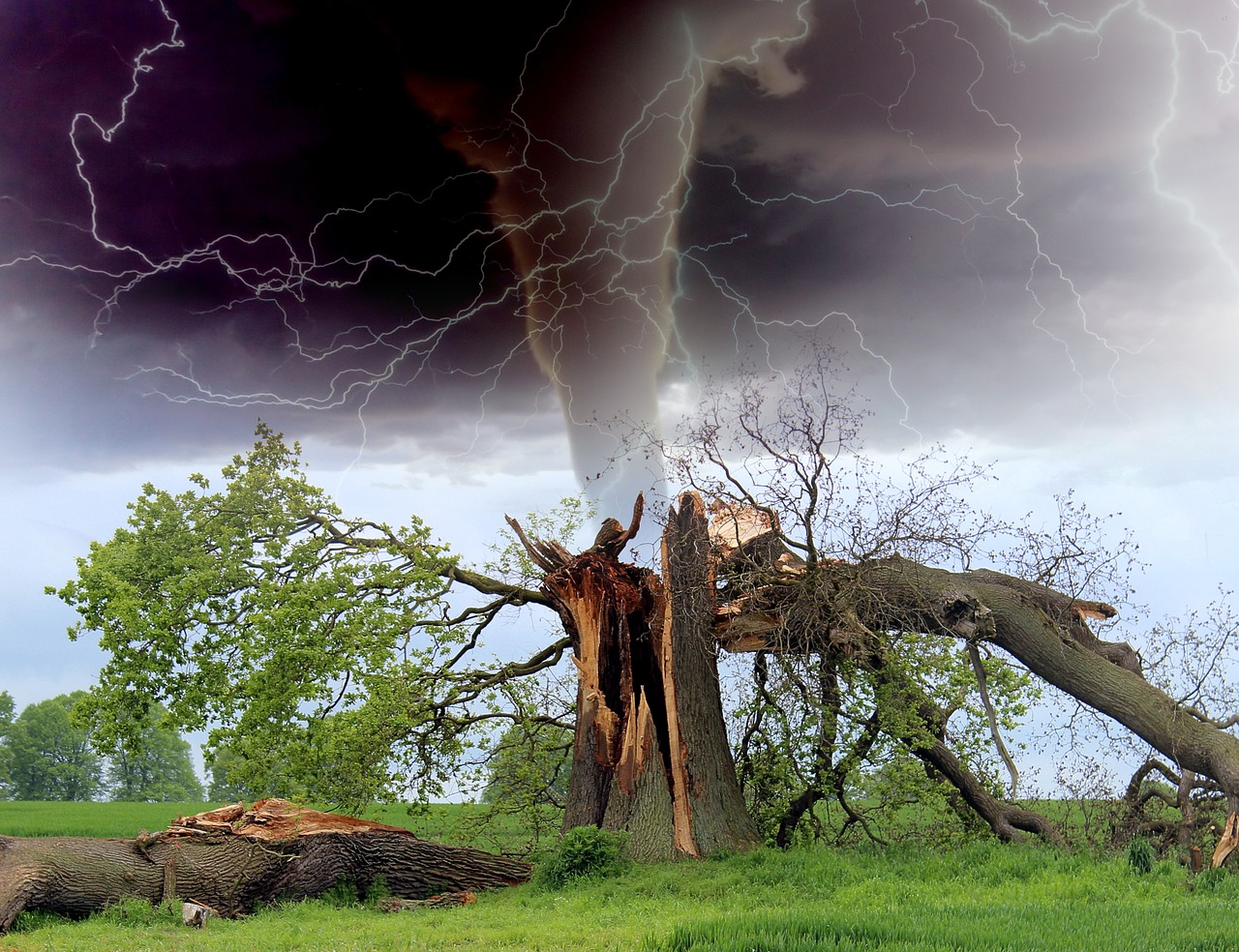A lightning strike destroyed a tree, and a tornado forms behind