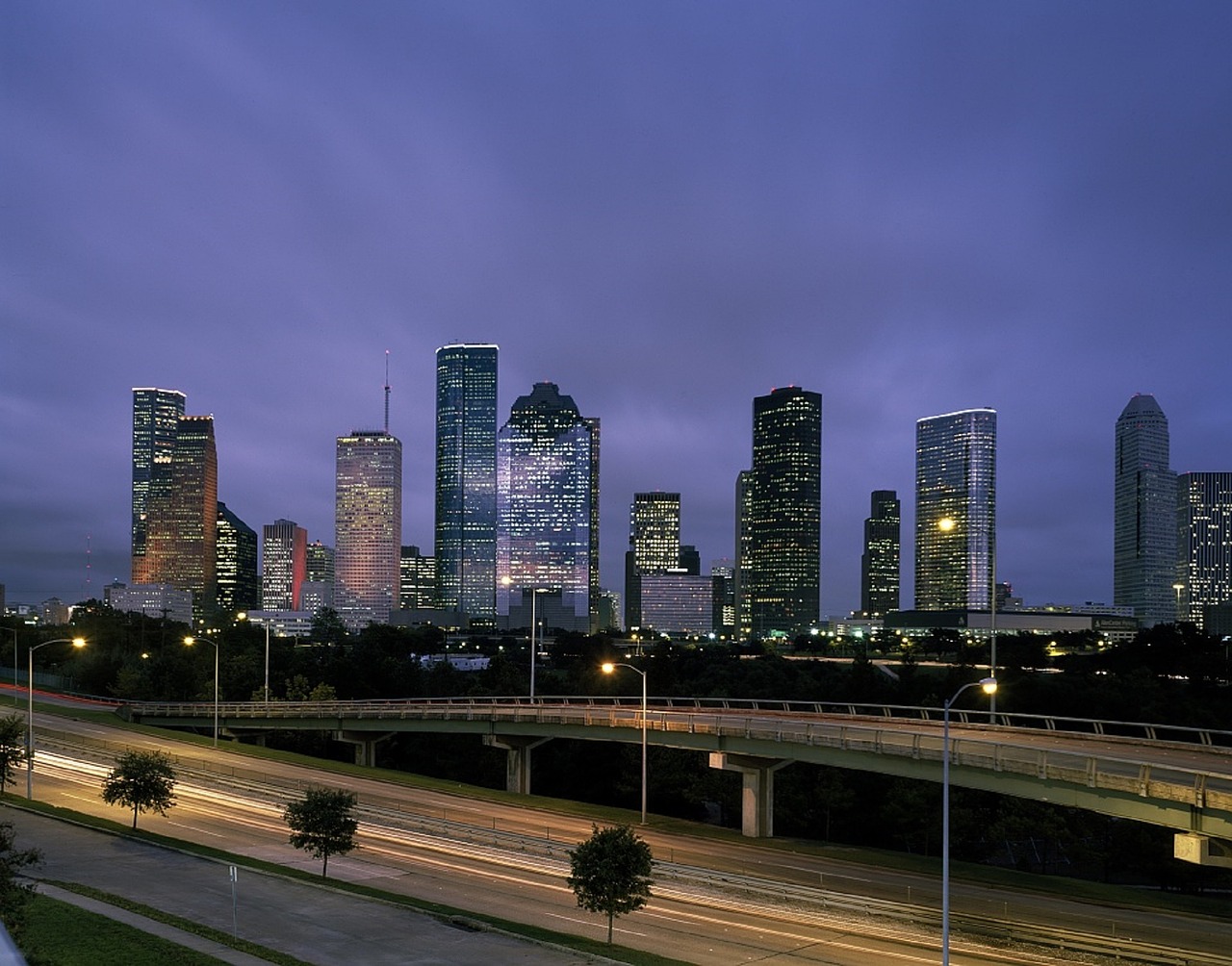 City Skyline at Night With A Freeway