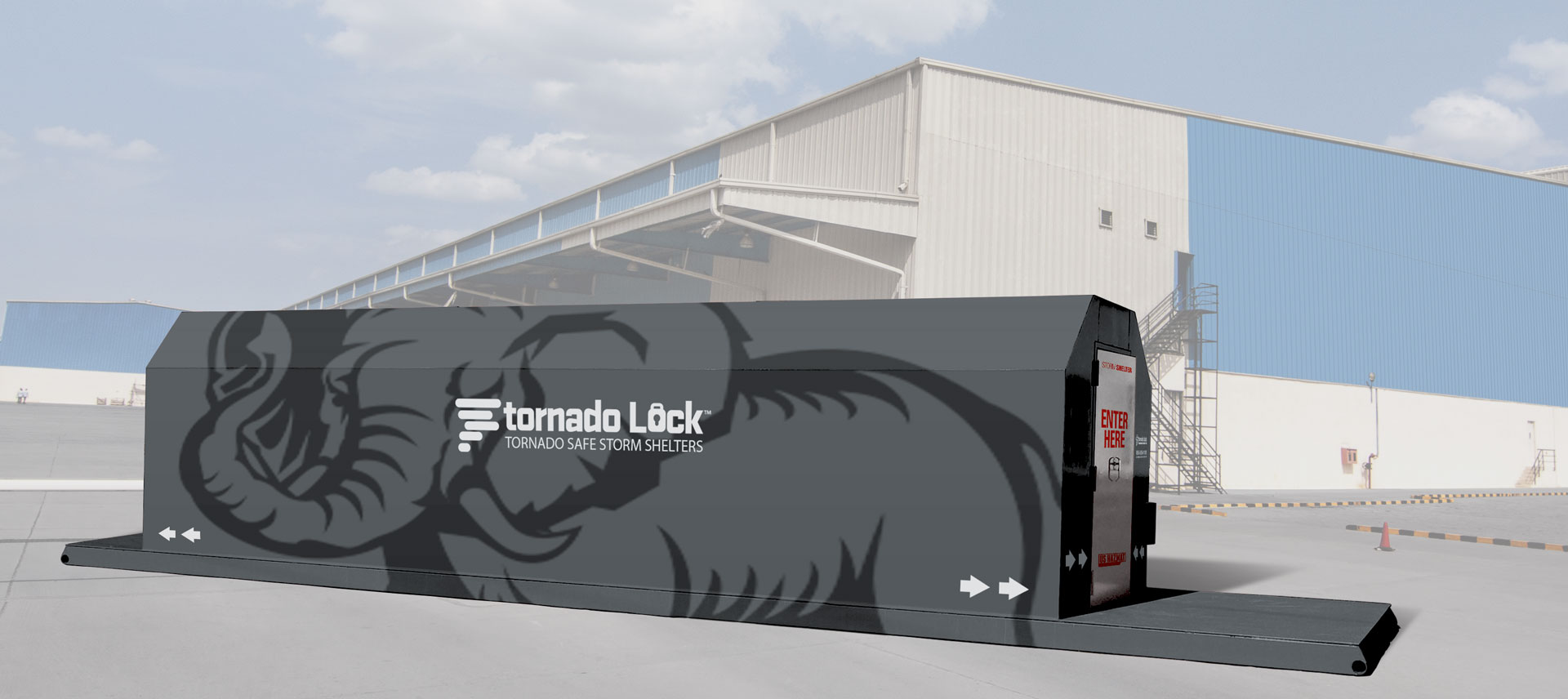 Elephant Tornado Lock Commercial Shelter Rendering with Warehouse Background