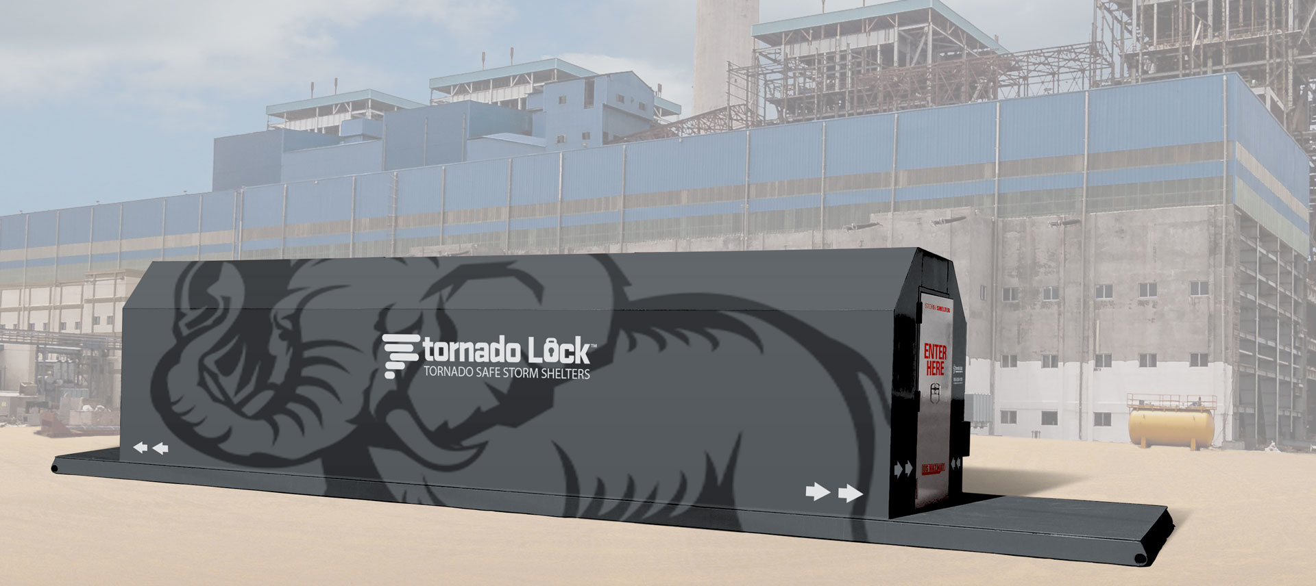 Elephant Tornado Lock Commercial Shelter Rendering with Factory Background