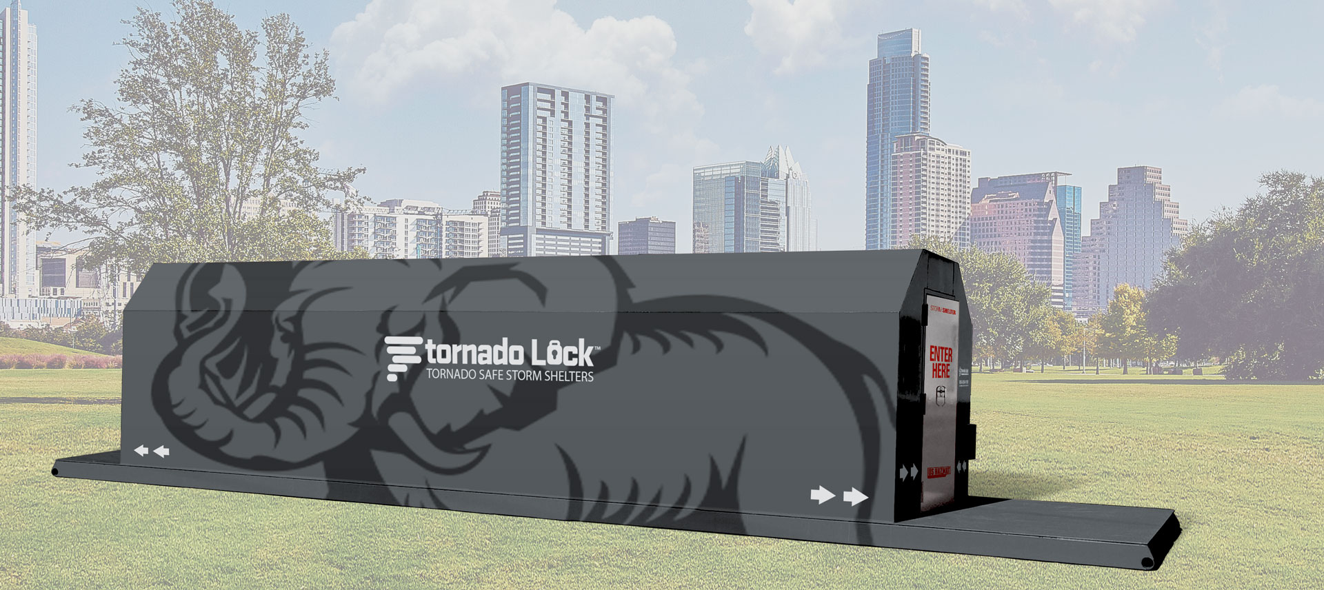 Elephant Tornado Lock Commercial Shelter Rendering with City Background